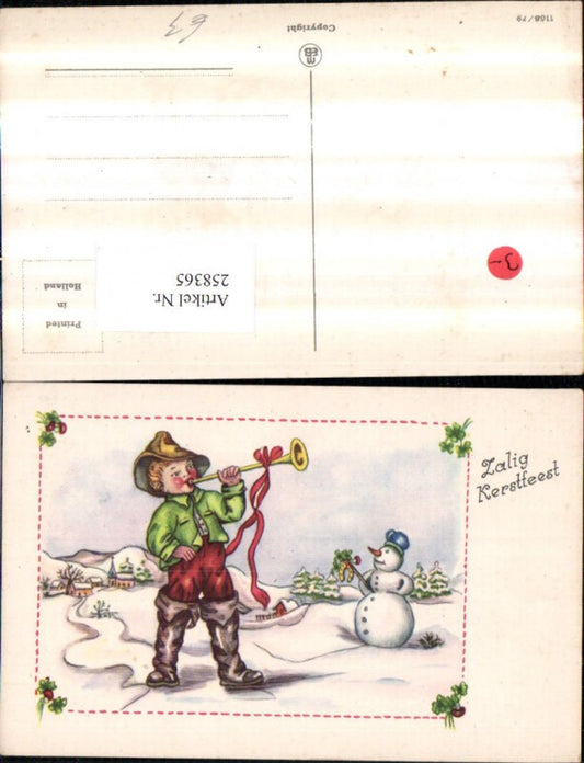 258365,Künstler AK Schneemann Hufeisen Junge Bub m. Hut Stiefel Tröte Schleife Winterbild