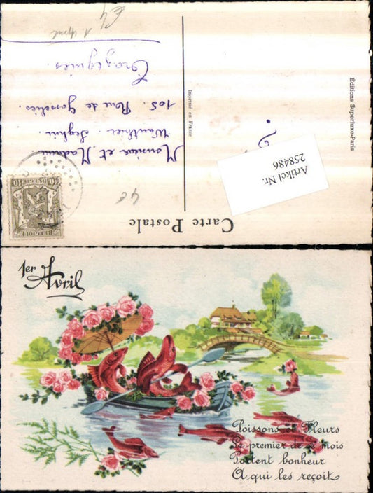 258486,Künstler AK 1. April Landschaft Brücke Fische Ruderboot Schirm Rosen