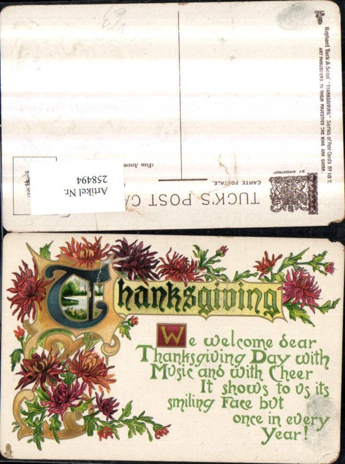 258494,Präge Litho AK Thanksgiving Erntedank Landschaft in Buchstabe Astern Blumen Text pub Raphael Tuck u. Sons 187