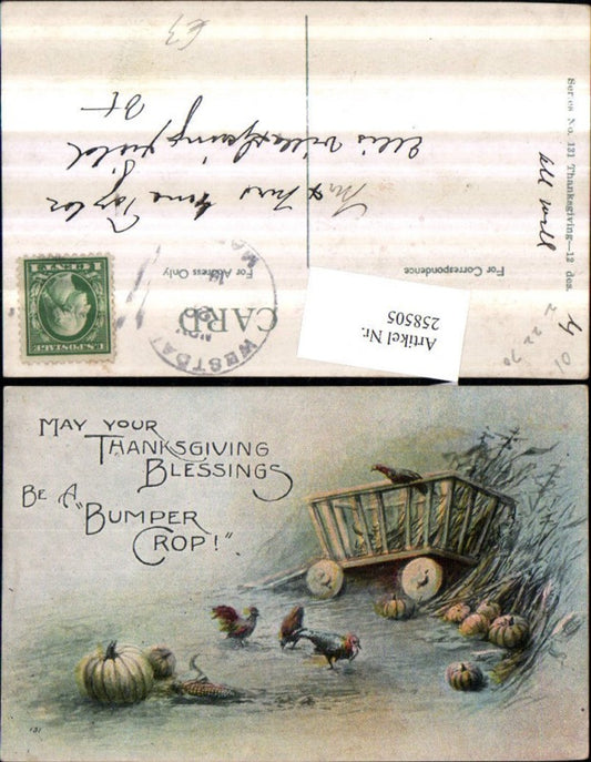 258505, Artist AK Thanksgiving Saying Wagon Chickens Birds Pumpkins Corn Cobs