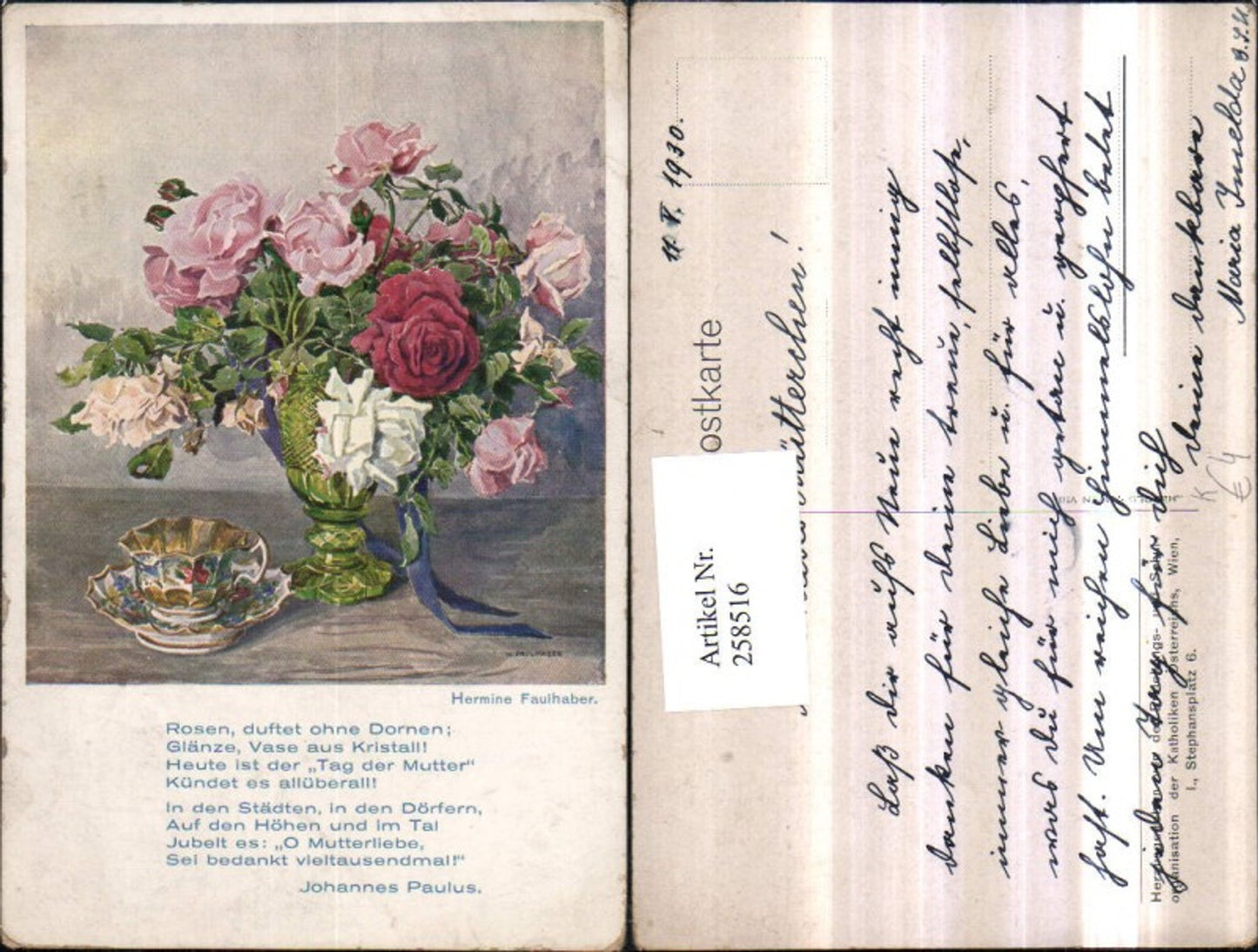 258516, Artist AK Hermine Faulhaber Roses Vase Cup Text Saying by Johannes Paulus