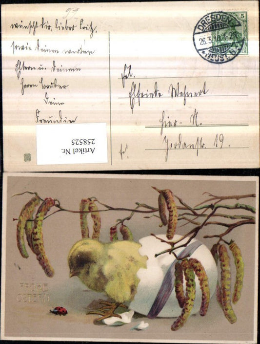 258525,Präge Litho AK Ostern Birkenzweige Birkenfrucht Küken schlüpft aus Ei Marienkäfer