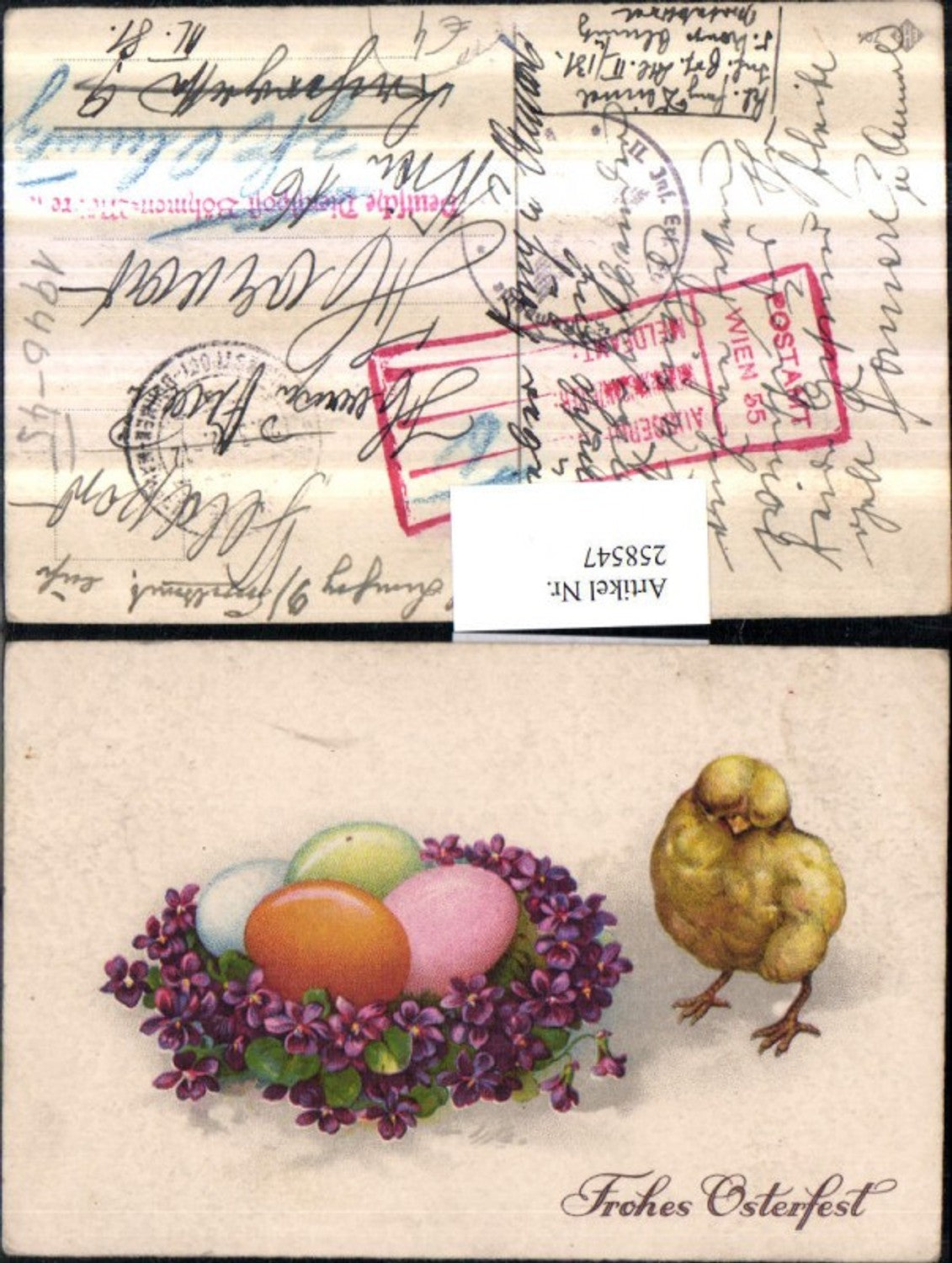 258547, Easter chicks Easter eggs eggs violets field post infantry replacement battery 5th company stamp