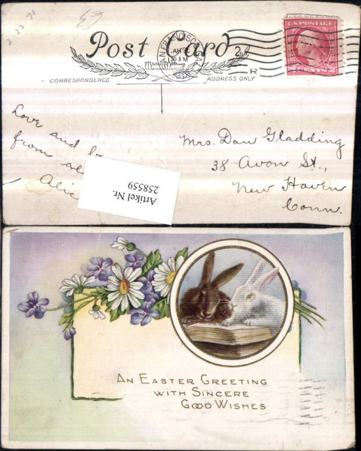 258559, Embossed postcard Easter bunnies with book, passe-partout, flowers, violets