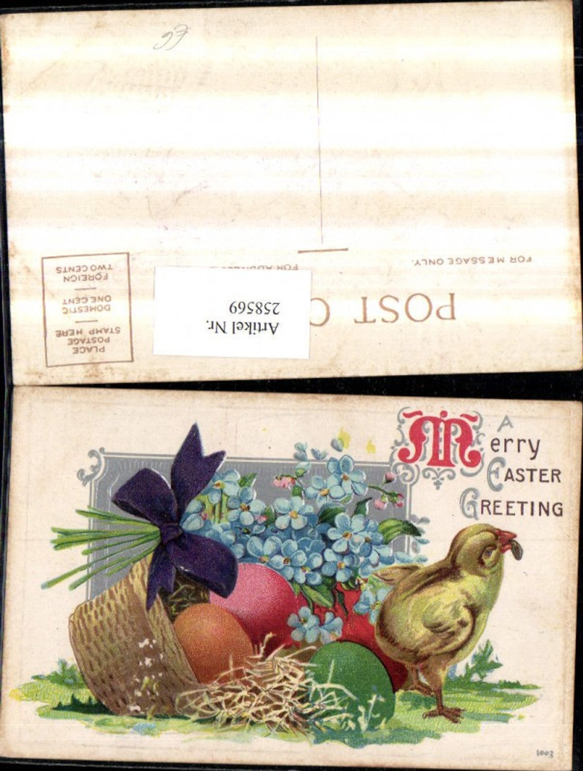258569, embossed postcard Easter chicks Easter eggs eggs basket forget-me-nots ribbon