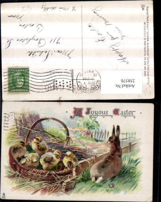 258570, Artist's embossed lithograph postcard, Easter, bunny, chick, basket, nest, Raphael Tuck &amp; Sons, 715