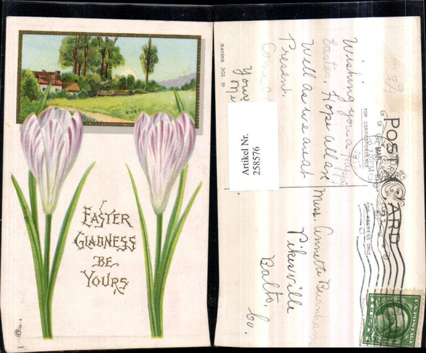 258576, Embossed Lithograph Postcard Easter Landscape Passepartout Crocus
