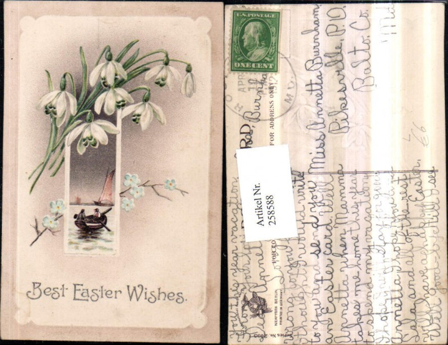 258588, Embosser Lithograph Postcard Easter Rowboat Sailboat Passepartout Snowdrops Snowbells