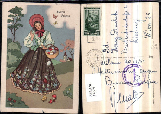 258589, Artist AK Easter Woman with hat, dress, basket, Easter eggs, eggs falling, chicks, butterflies