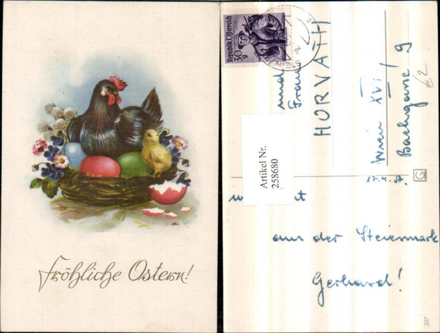 258680,Ostern Huhn Henne im Nest Küken Ostereier Eier Blumen Palmkätzchen