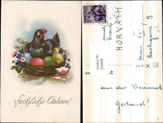 258680,Ostern Huhn Henne im Nest Küken Ostereier Eier Blumen Palmkätzchen