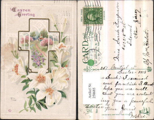 258685,Präge Litho AK Ostern Landschaft Kirche Veilchen Passepartout Kreuz Blumen