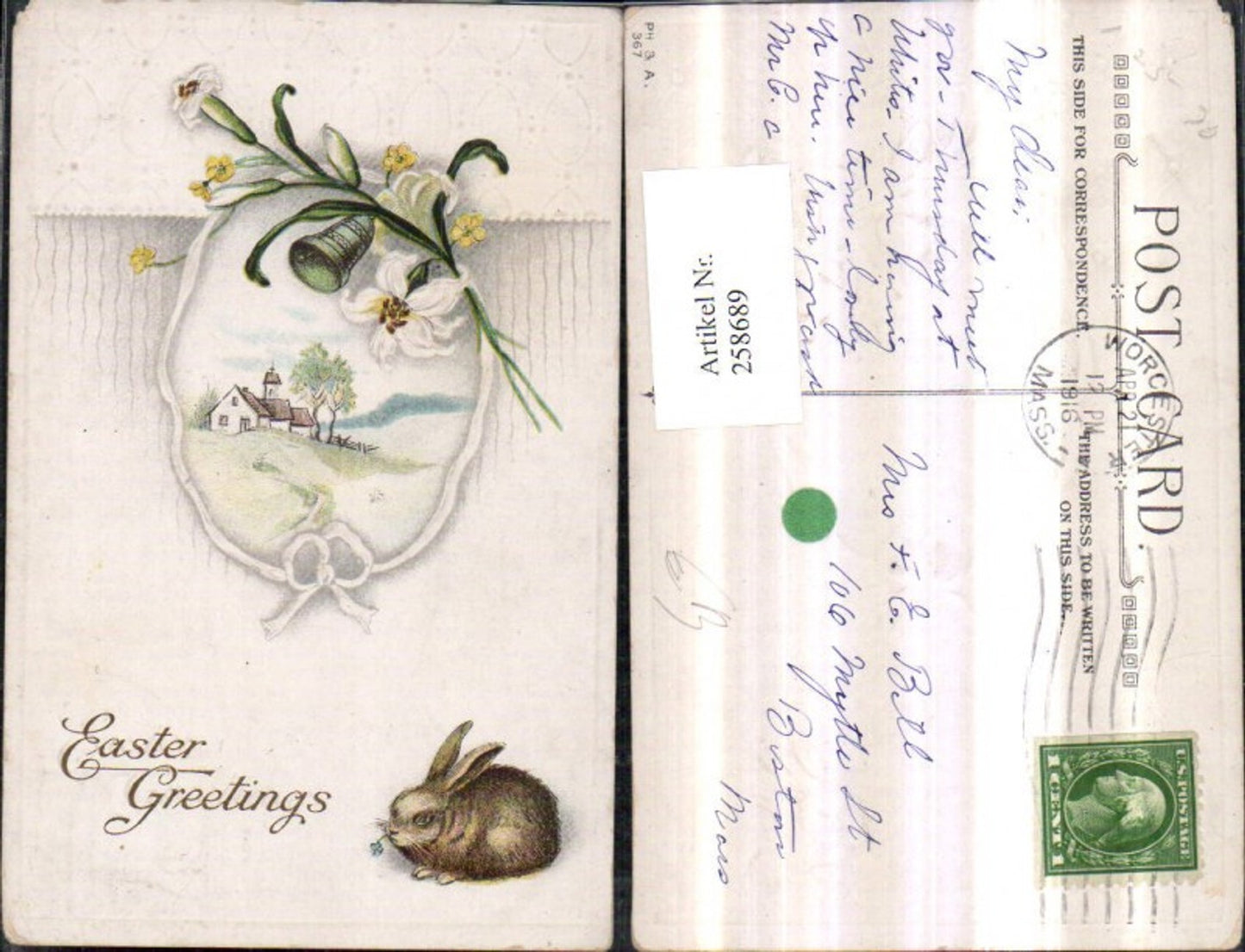 258689,Künstler Präge AK Ostern Landschaft Kirche Passepartout Blumen Glocke Hase