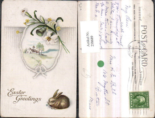 258689,Künstler Präge AK Ostern Landschaft Kirche Passepartout Blumen Glocke Hase