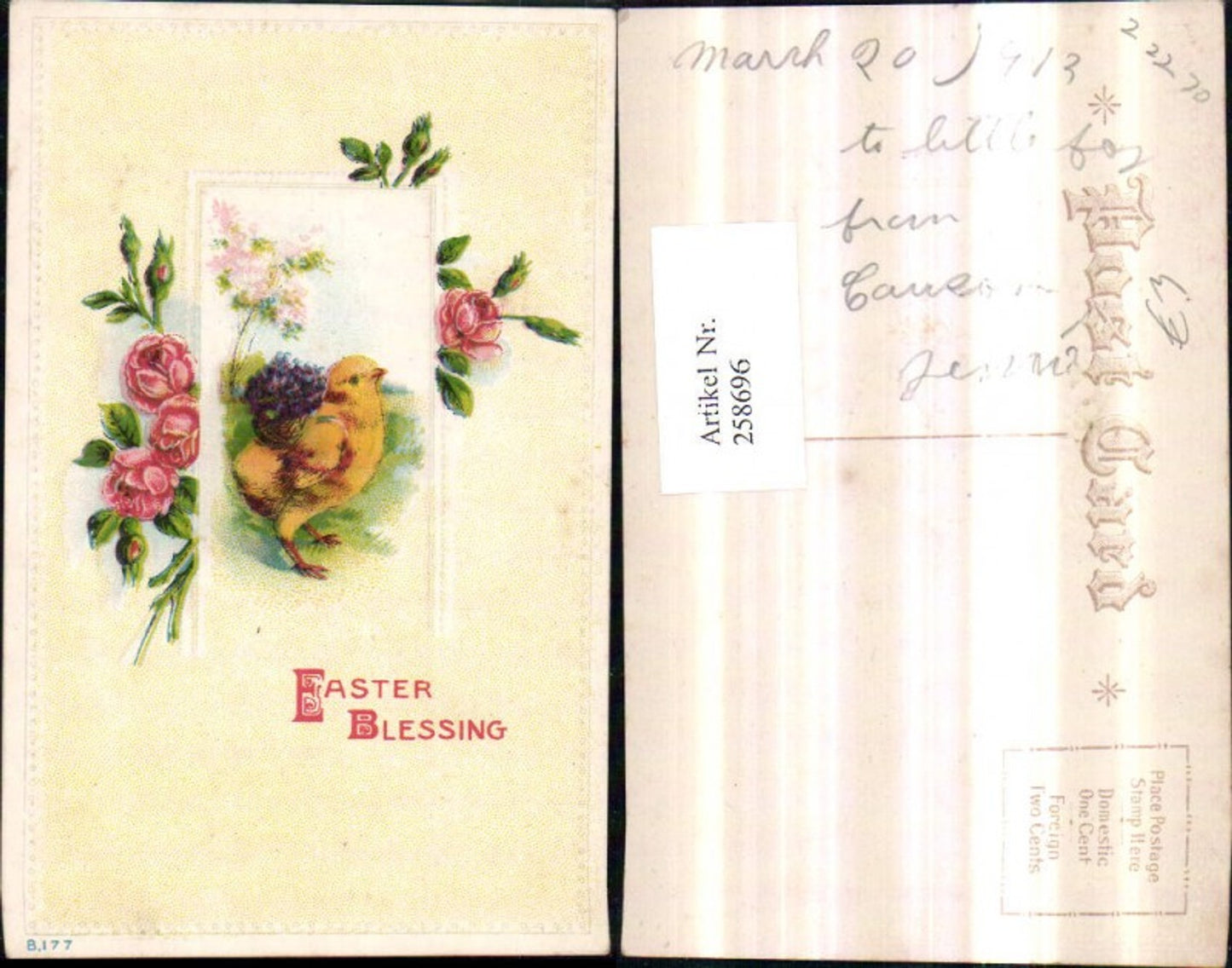 258696, embossed postcard Easter chick basket violets flowers passe-partout roses