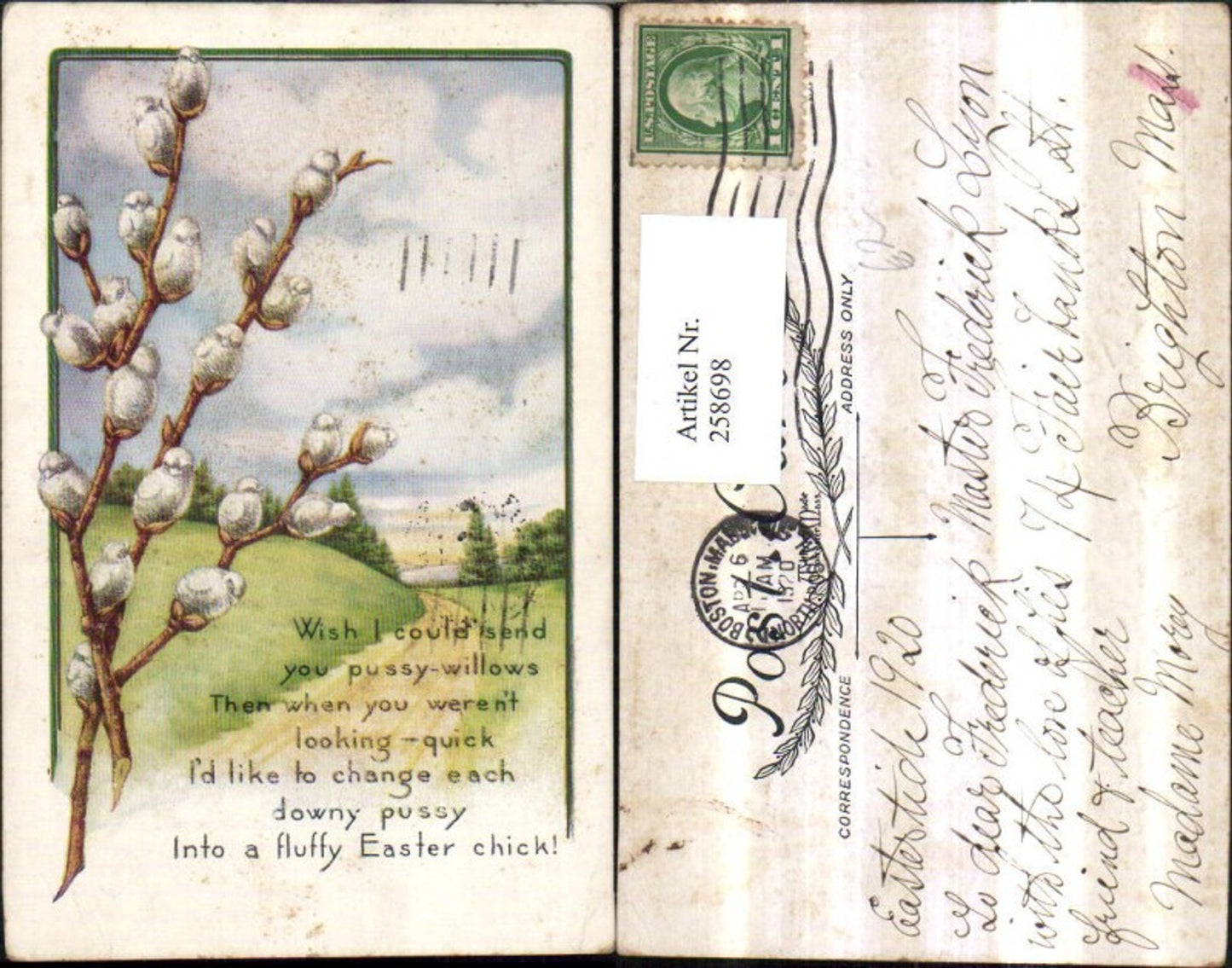 258698, embossed postcard Easter scene landscape pussy willows palm branches