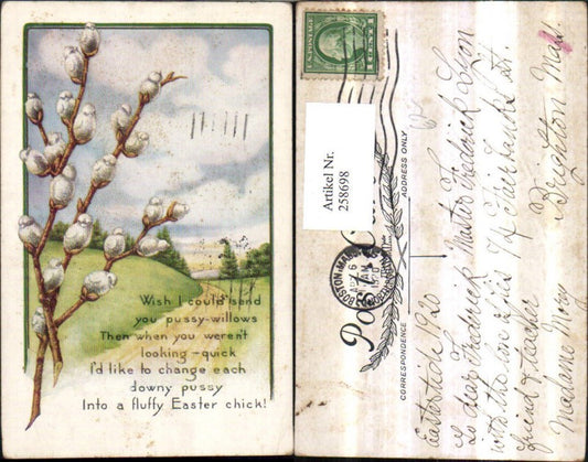 258698, embossed postcard Easter scene landscape pussy willows palm branches