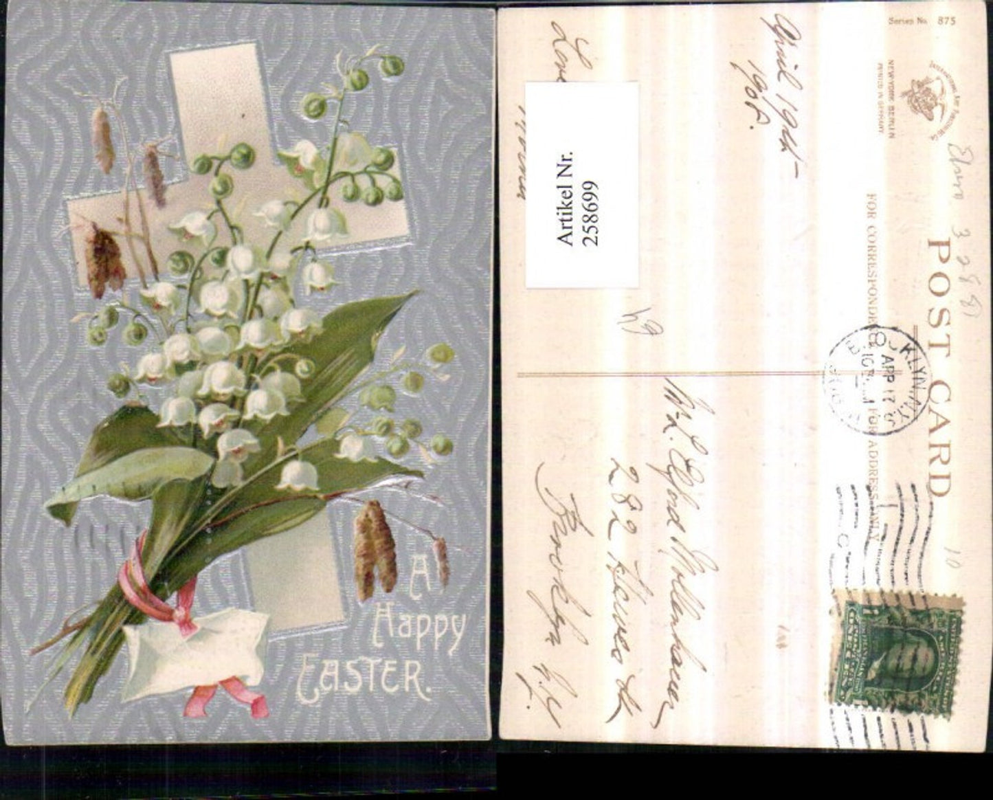 258699, embossed postcard Easter cross daffodil flowers ribbon