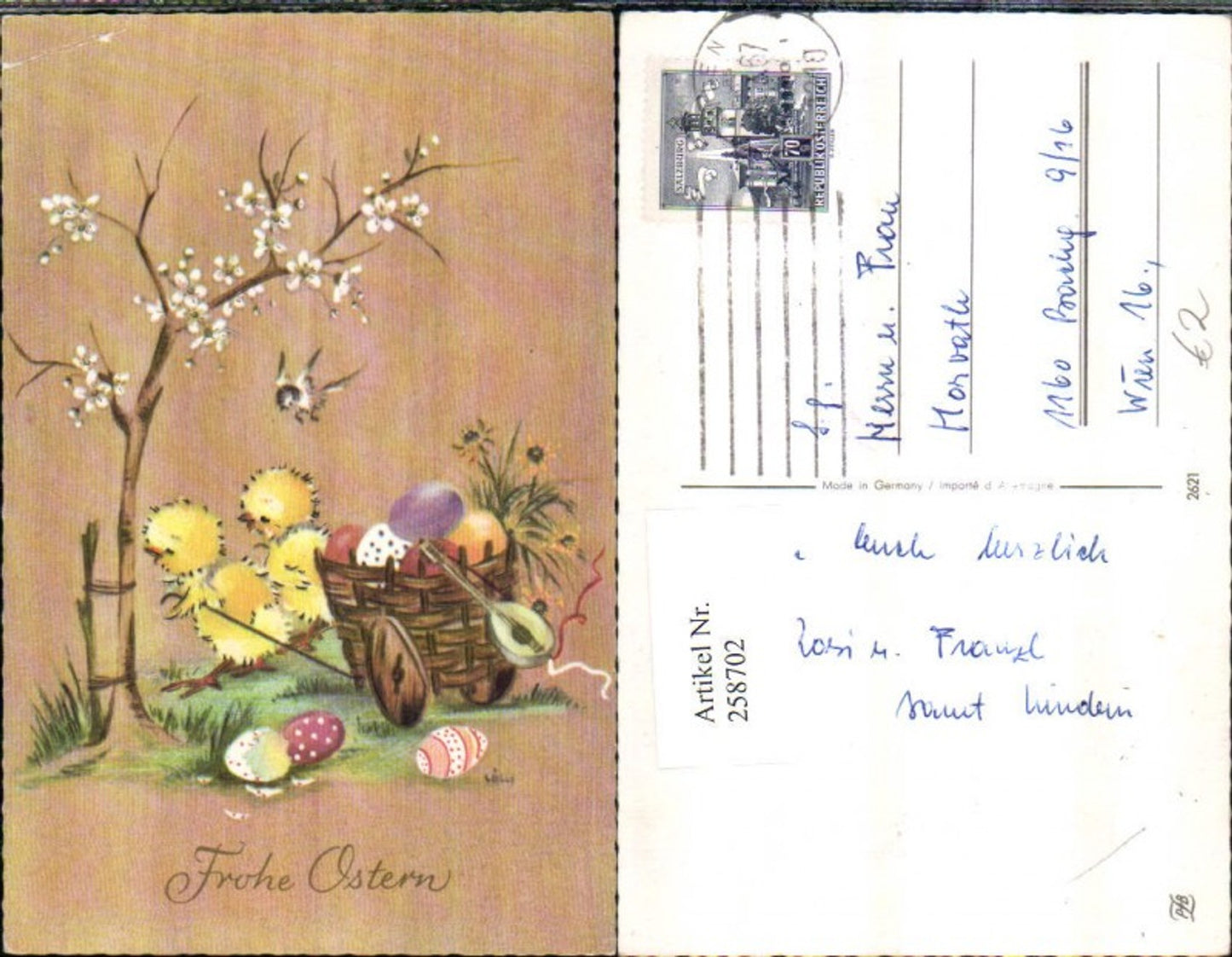 258702, Artist AK Easter Chick with wagon Easter eggs Eggs Mandolin Bird Tree blossom