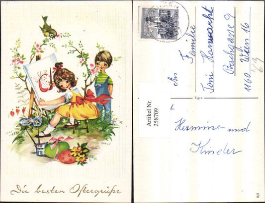 258709, Artist AK Hasi Easter Girl b. Painting Easel Brush Flowers Easter Eggs Bird
