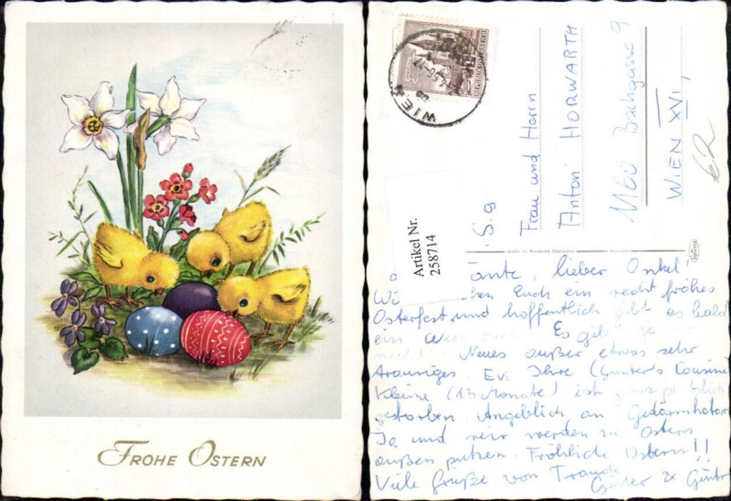 258714, Artist AK Easter Chicks Easter eggs Eggs Violets Daffodils Flowers
