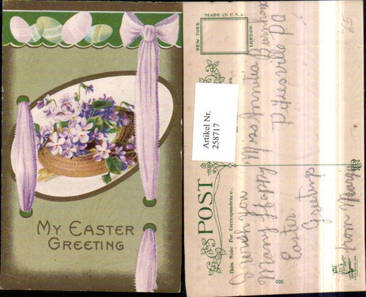 258717, Embossed Lithograph Postcard Easter Flowers Violets Passepartout Egg Bow