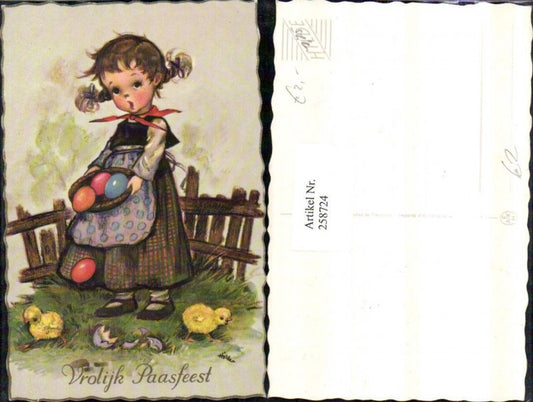 258724, Artist AK Easter Girl with Bowl Easter Eggs Eggs Chicks Wooden Fence