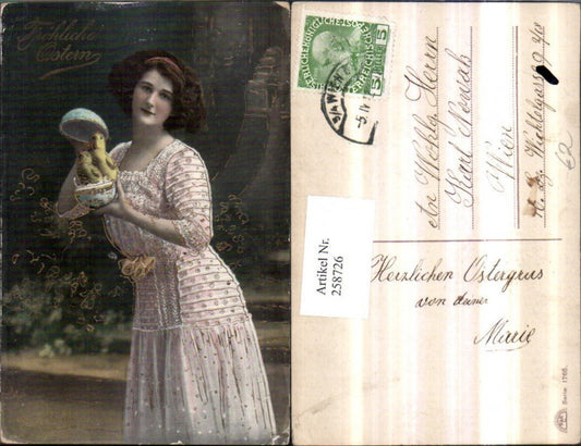 258726, Easter gold decoration woman with dress, hinged egg, chick