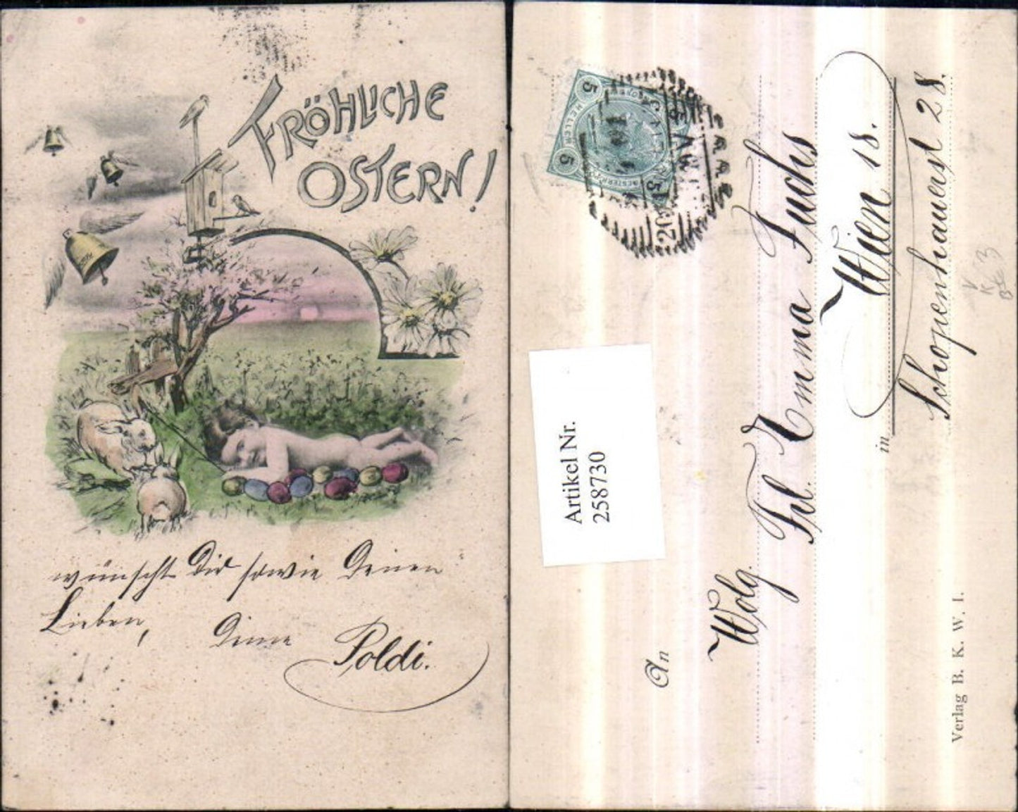 258730,Künstler AK Ostern nacktes Kind Wiese Ostereier Hasen Vogelhaus Glocke m. Flügel pub Brüder Kohn B.K.W.I.