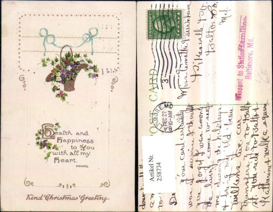 258734, Embossed Lithograph Postcard Christmas Basket Flowers Ribbon Saying Text by Dickens