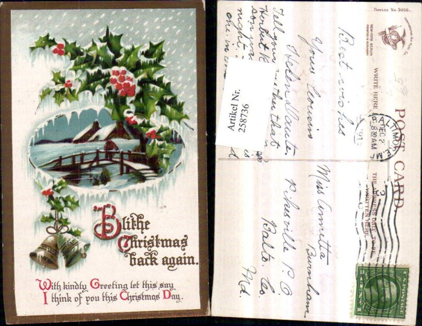 258736, Embossed Lithograph Postcard Christmas Winter Landscape Bridge Passepartout Holly Bells