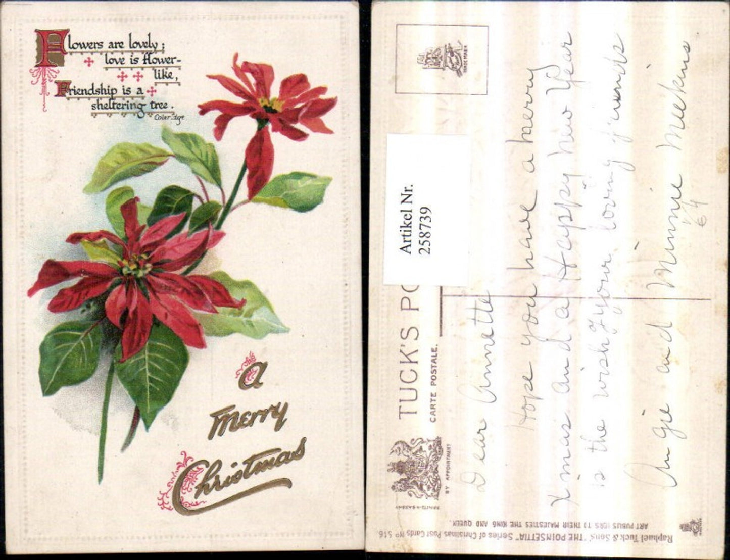 258739, embossed postcard Christmas stars saying text pub Raphael Tuck &amp; Sons 516