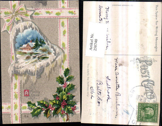 258740, Embossed Lithograph Postcard Christmas Winter Landscape Bridge Passepartout Bell Bow Holly
