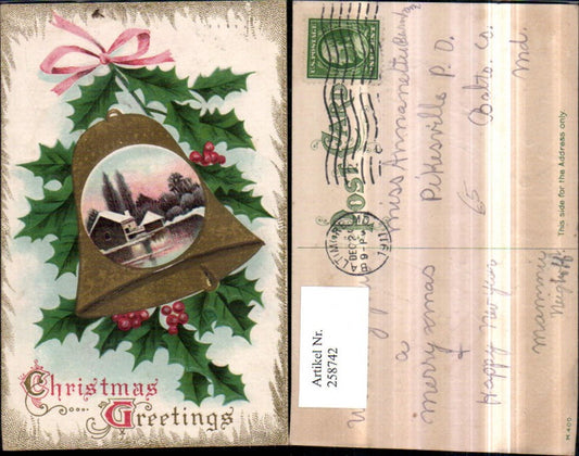 258742, embossed postcard Christmas winter landscape house passe-partout bell holly