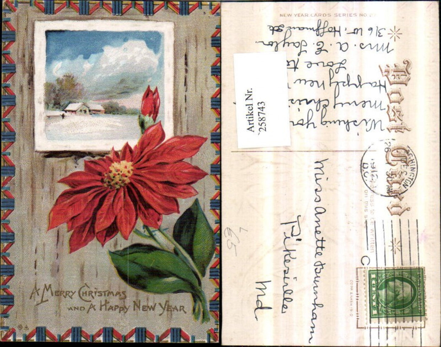258743, Embossed Lithograph Postcard Christmas Winter Landscape Passepartout Christmas Star