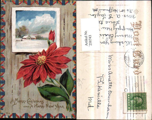 258743, Embossed Lithograph Postcard Christmas Winter Landscape Passepartout Christmas Star