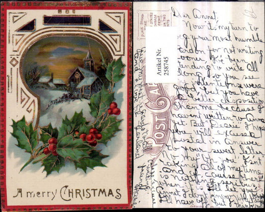 258745, Christmas gold decoration winter landscape church passe-partout holly