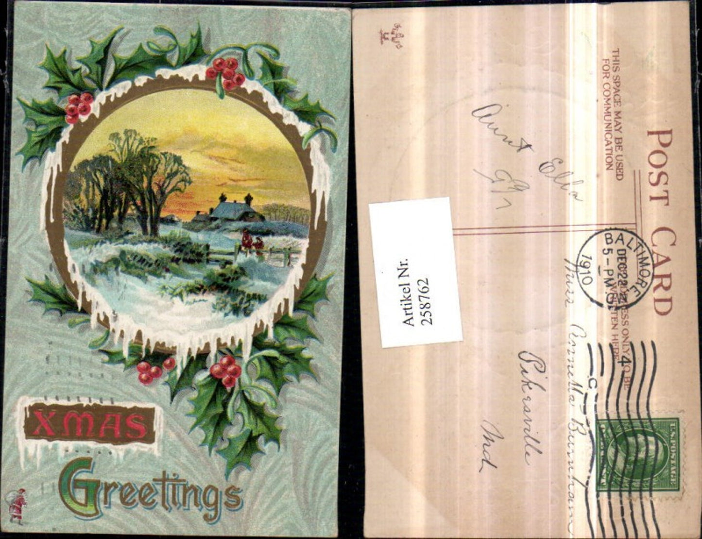 258762, Embossed Lithograph Postcard Christmas Winter Landscape Passepartout Holly Santa Claus
