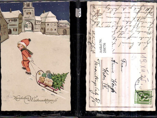 258776, Artist AK Christmas Boy with Hat Scarf Sled Toboggan Gifts Winter Village Gate
