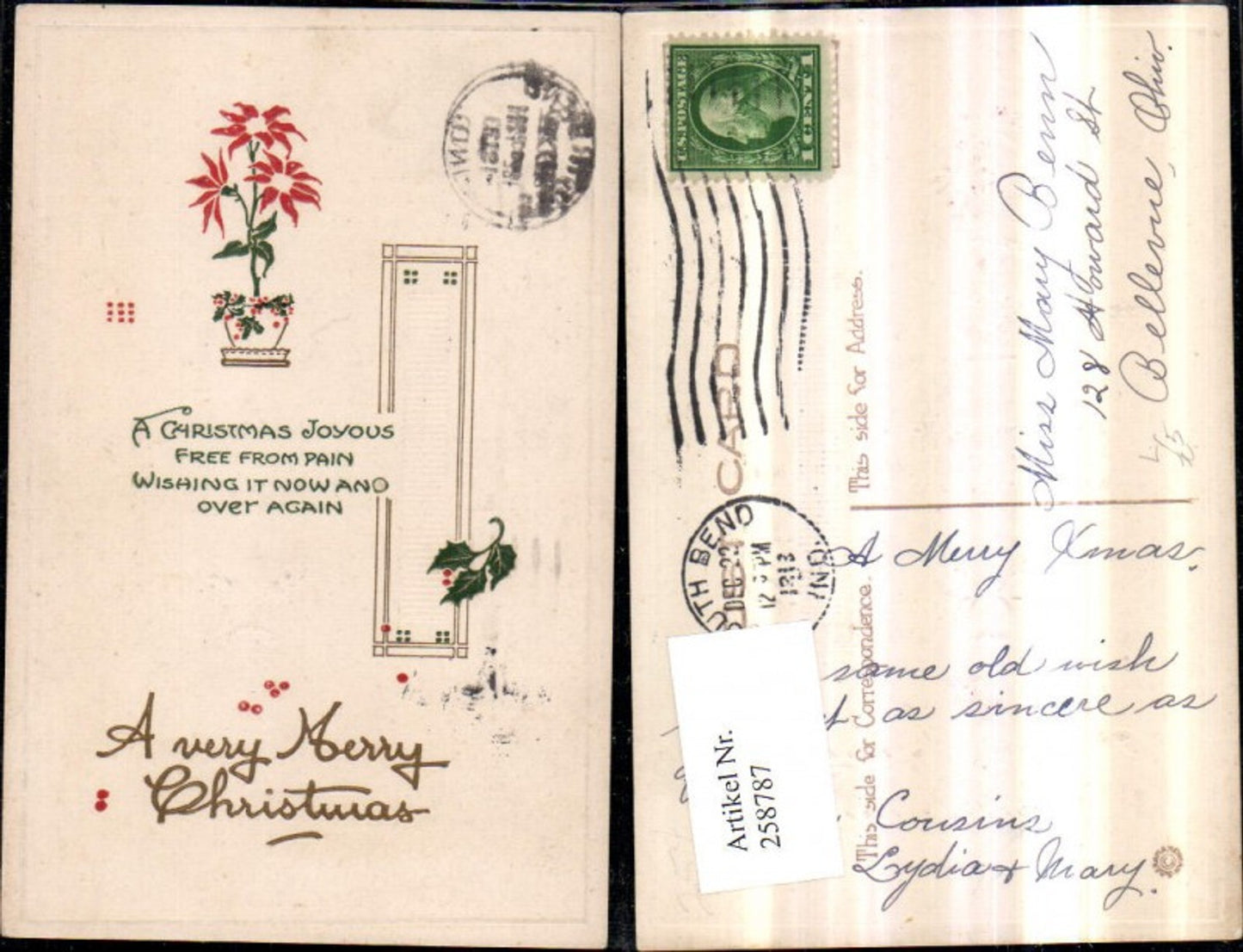 258787, Embosser Lithograph Postcard Christmas Poinsettia Flower