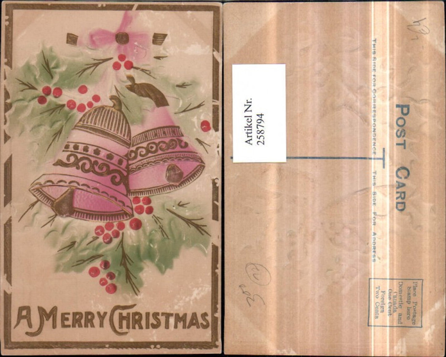 258794, Embosser Lithograph AK Relief Christmas Bells Holly