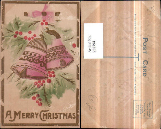 258794, Embosser Lithograph AK Relief Christmas Bells Holly