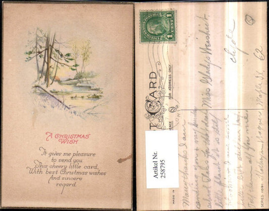 258795, Christmas Winter Landscape Stream Sunset Saying Text