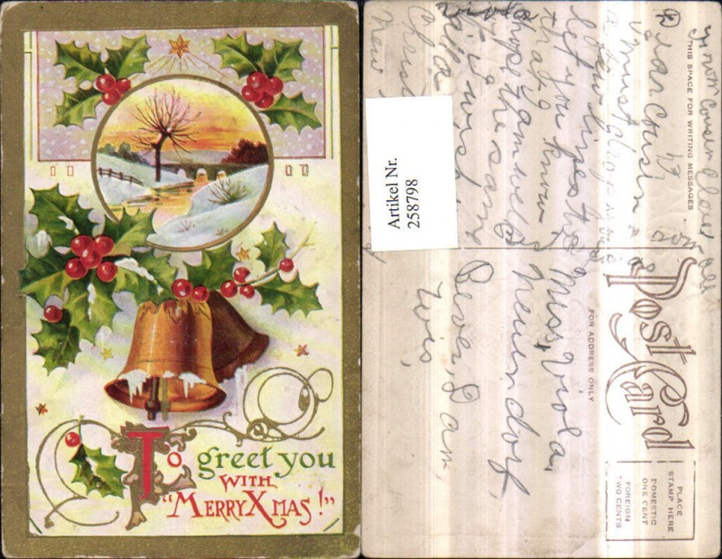 258798, Embossed Lithograph Postcard Christmas Winter Landscape Stream Bridge Passepartout Bells Holly