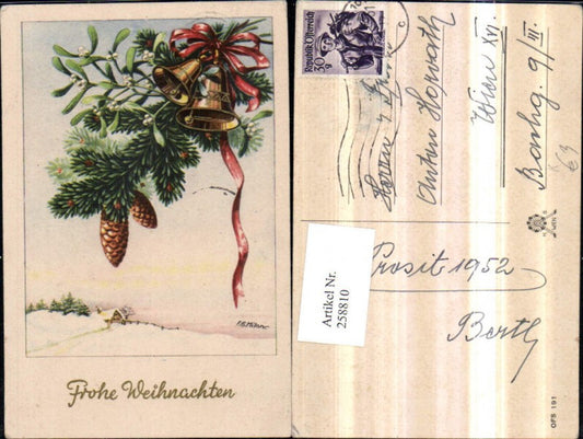 258810, Artist AK FG Milan Christmas Winter landscape Fir branch Mistletoe pine cones Bells Bow
