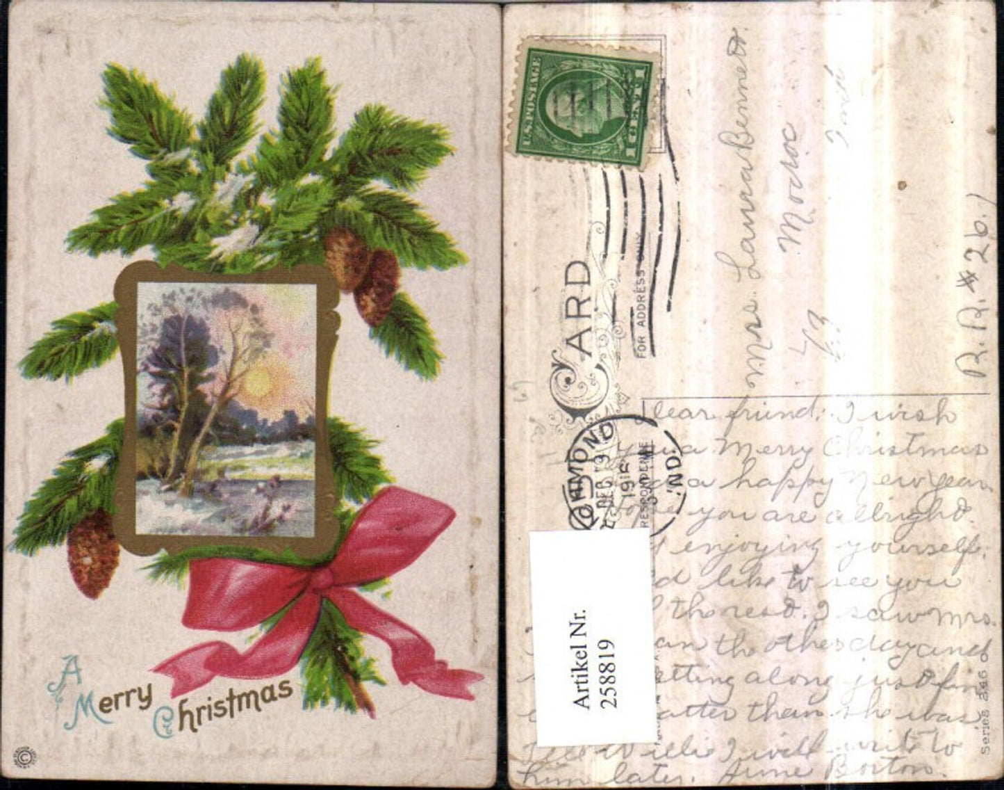 258819, Embossed Lithograph Postcard Christmas Winter Landscape Sun Passepartout Fir Branch Cone Bow
