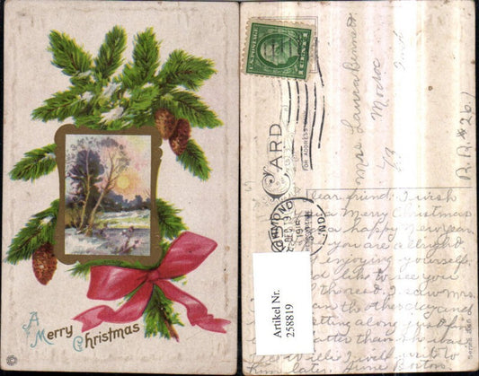 258819, Embossed Lithograph Postcard Christmas Winter Landscape Sun Passepartout Fir Branch Cone Bow
