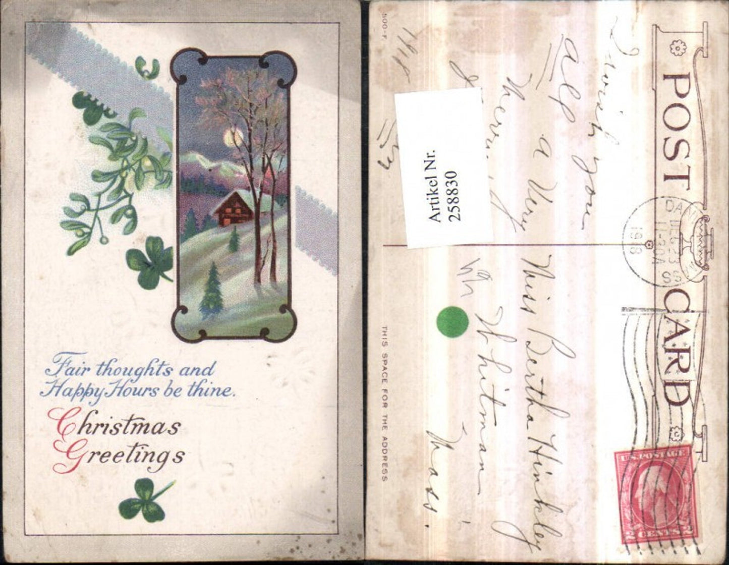 258830, Embossed Lithograph Postcard Christmas Winter Landscape Moonlight Passepartout Mistletoe Clover Leaves