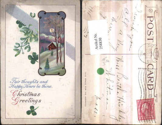 258830, Embossed Lithograph Postcard Christmas Winter Landscape Moonlight Passepartout Mistletoe Clover Leaves