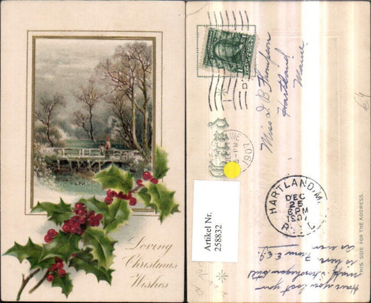 258832, embossed postcard Christmas winter landscape bridge passe-partout holly